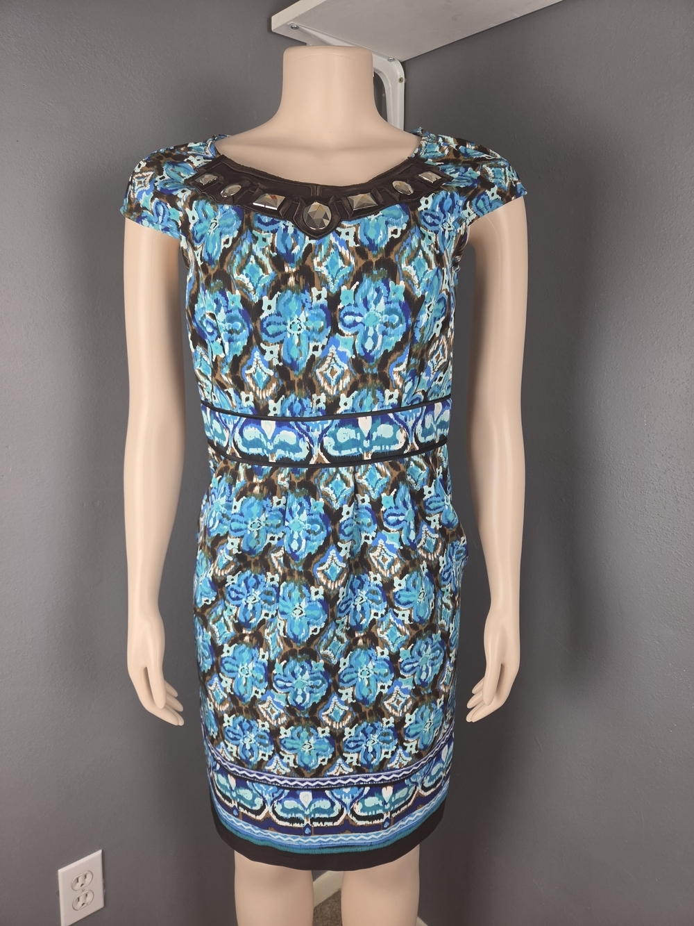 Blue Floral Sheath Dress with Embellished Neckline